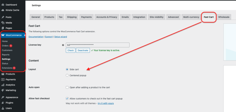 Enable Fast Cart plugin in WooCommerce settings